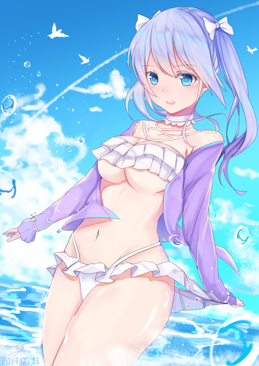 1girl absurdres blue_eyes blue_hair blush breasts dated eyebrows_visible_through_hair hatsune_miku highres large_breasts long_hair long_sleeves looking_at_viewer menghuan_tian navel parted_lips signature smile solo swimsuit twintails vocaloid