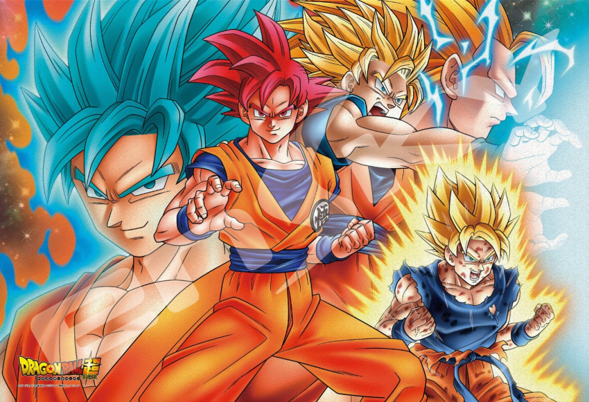 5boys blonde_hair blue_eyes blue_hair clenched_hand dougi dragon_ball dragon_ball_super dragonball_z green_eyes grin kamehameha long_hair looking_at_viewer multiple_boys multiple_persona official_art open_mouth outstretched_arm outstretched_hand red_eyes redhead serious short_hair smile son_gokuu sparkle_background spiky_hair super_saiyan super_saiyan_2 super_saiyan_3 super_saiyan_blue super_saiyan_god very_long_hair wristband