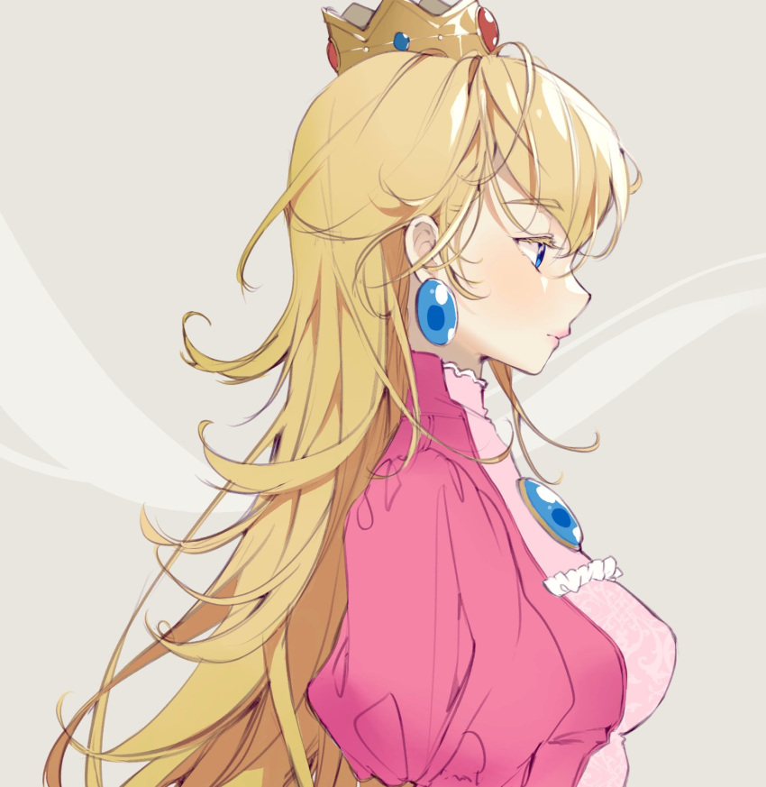 1girl bird blonde_hair blue_eyes breasts chest_jewel closed_mouth colored_eyelashes crow dress earrings facing_to_the_side grey_background hair_between_eyes highres jewelry long_hair medium_breasts nachoz_(nachozart) parted_lips pink_dress princess_peach profile puffy_short_sleeves puffy_sleeves short_sleeves solo super_mario_bros. upper_body