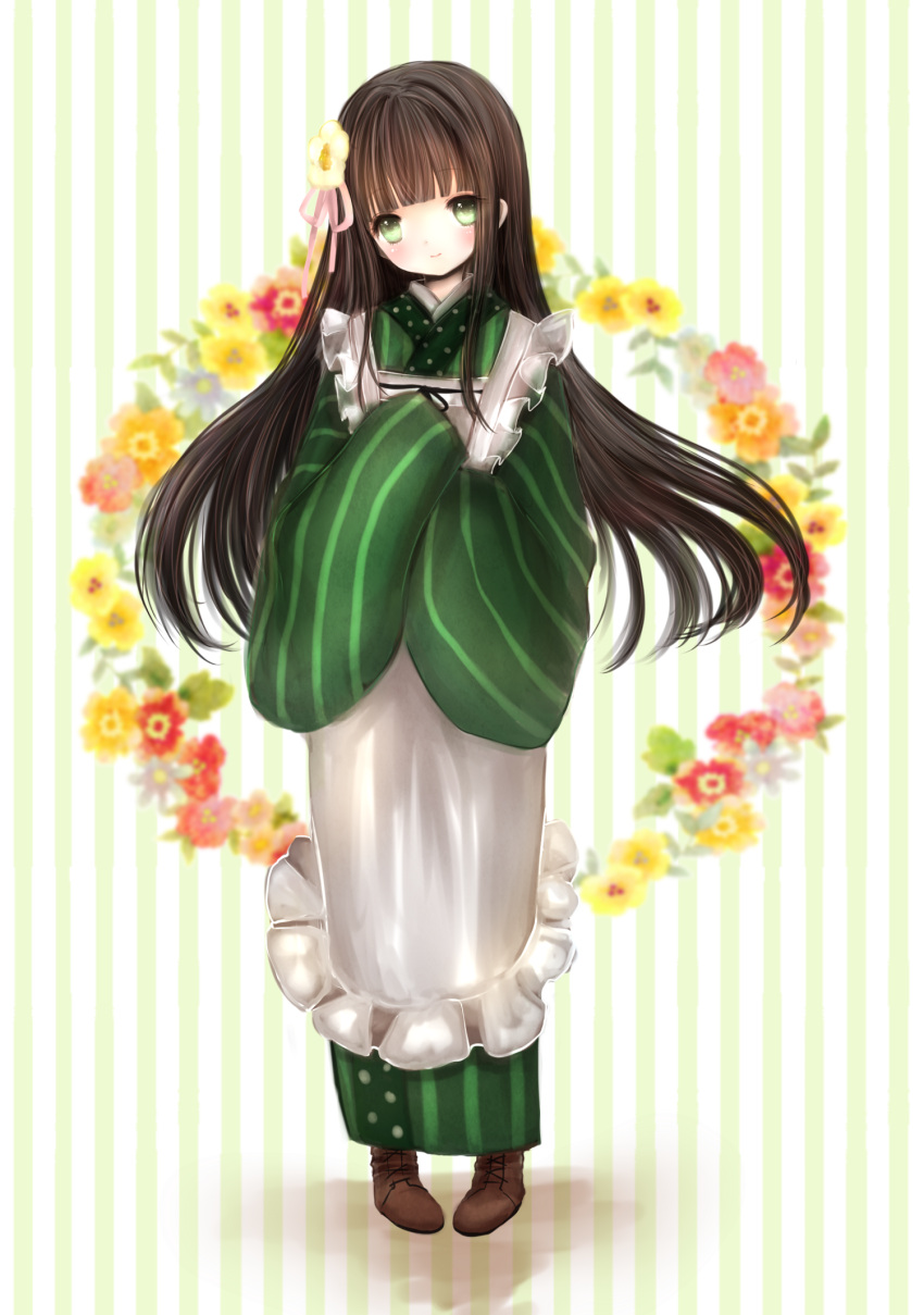 1girl ama_usa_an_uniform apron bangs blunt_bangs blush boots brown_boots brown_hair commentary_request flower frilled_apron frills full_body gochuumon_wa_usagi_desu_ka? green_eyes green_kimono hair_flower hair_ornament hair_ribbon hands_on_own_chest head_tilt highres himemurasaki japanese_clothes kimono long_hair looking_at_viewer pink_ribbon polka_dot_trim ribbon shadow sleeves_past_wrists smile solo standing striped striped_background striped_kimono two-tone_background ujimatsu_chiya vertical-striped_background vertical_stripes white_apron wide_sleeves