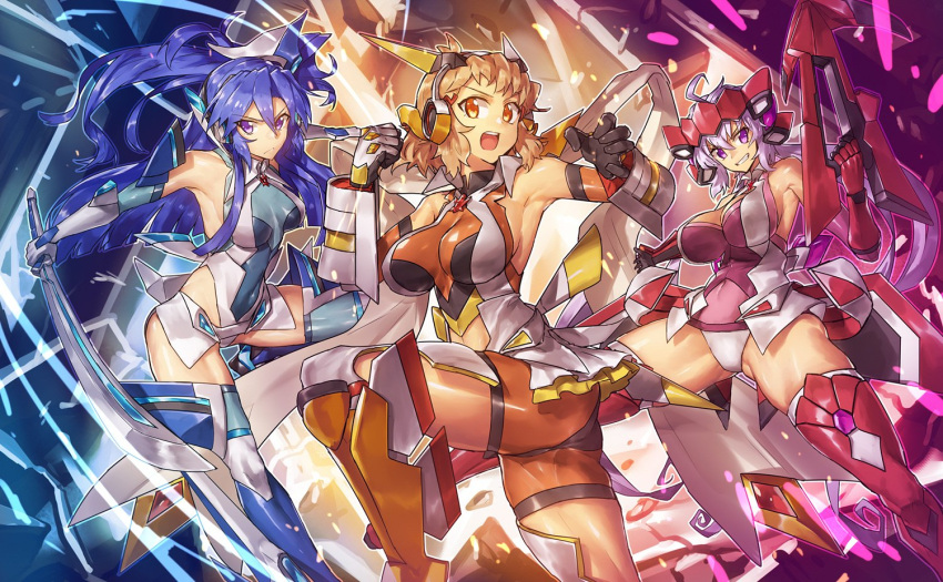 3girls ahoge ass bare_shoulders blue_hair blush breasts brown_hair cleavage closed_mouth covered_navel fighting_stance frown gauntlets grin gun hair_ornament headgear holding holding_gun holding_sword holding_weapon kazanari_tsubasa large_breasts leotard long_hair melon22 multiple_girls open_mouth orange_eyes senki_zesshou_symphogear short_hair side_ponytail silver_hair small_breasts smile sword tachibana_hibiki_(symphogear) teeth thigh-highs twintails very_long_hair violet_eyes weapon yukine_chris