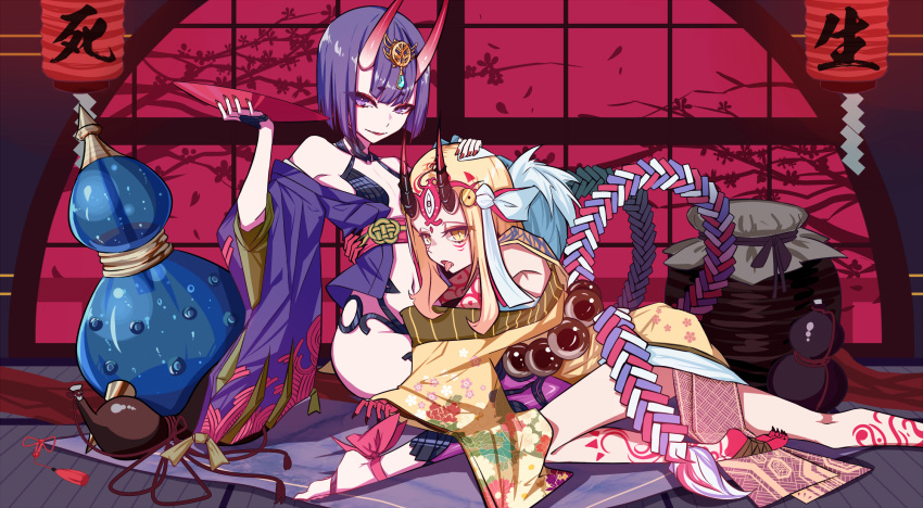 2girls aie ankle_ribbon arm_around_waist beads blonde_hair cup eyebrows_visible_through_hair facial_mark fangs fate/grand_order fate_(series) floral_print flower gourd hand_on_another's_head highres horns ibaraki_douji_(fate/grand_order) japanese_clothes jewelry jug kimono lantern looking_at_viewer multiple_girls nail_polish obi off_shoulder open_mouth paper_lantern parted_lips petals purple_hair revealing_clothes ribbon rope sakazuki sash shimenawa short_hair shuten_douji_(fate/grand_order) silhouette tongue tongue_out tree violet_eyes yellow_eyes