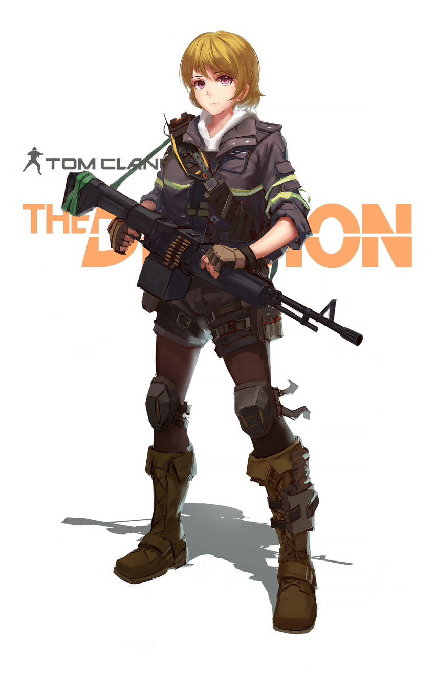 blush boots brown_boots brown_hair doren gun highres holding holding_gun holding_weapon koizumi_hanayo looking_at_viewer love_live! love_live!_school_idol_project science_fiction short_hair sketch smile tom_clancy's_the_division violet_eyes weapon
