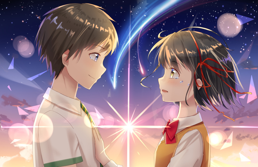 1boy 1girl bangs black_hair blue_eyes bow bowtie brown_hair cardigan_vest closed_mouth clouds collared_shirt commentary_request crying crying_with_eyes_open diffraction_spikes eyebrows_visible_through_hair from_side gradient_sky green_necktie hair_ribbon hand_on_another's_chest highres ji_dao_ji kimi_no_na_wa lens_flare light_trail long_sleeves looking_at_another miyamizu_mitsuha necktie open_mouth red_bow red_bowtie red_ribbon ribbon school_uniform shiny shiny_hair shirt shooting_star short_hair short_sleeves sky smile star_(sky) starry_sky striped striped_necktie sunlight tachibana_taki tareme tears upper_body white_shirt wind yellow_eyes yellow_necktie