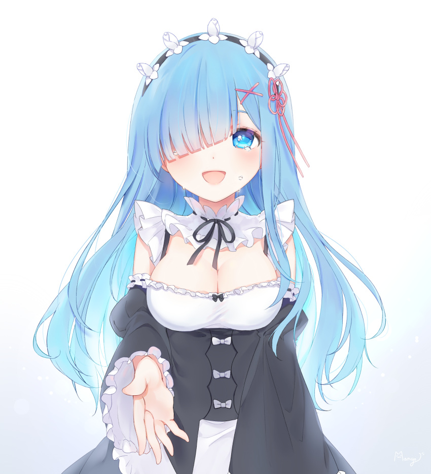 1girl :d alternate_hairstyle bare_shoulders blue_hair bow breasts cleavage crying detached_sleeves frilled_sleeves frills hair_ornament hair_over_one_eye hair_ribbon hairclip highres long_hair long_sleeves looking_at_viewer maid maid_headdress medium_breasts open_mouth pov re:zero_kara_hajimeru_isekai_seikatsu reaching_out rem_(re:zero) ribbon simple_background smile solo tears very_long_hair white_background x_hair_ornament