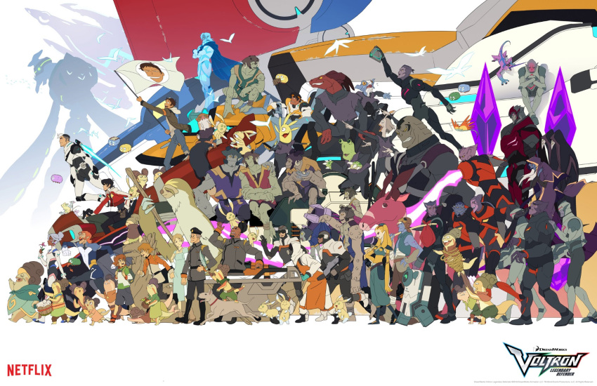 6+boys 6+girls alien animal character_request coran_(voltron) dark_skin drum everyone flag flying golion_(mecha) highres hunk_(voltron) hyakujuu-ou_golion instrument jacket keith_(voltron) lance_(voltron) logo matthew_holt mecha military military_uniform monster_boy monster_girl multiple_boys multiple_girls nyma_(voltron) official_art pidge_gunderson princess_allura running sendak_(voltron) shay_(voltron) size_difference space_craft takashi_shirogane uniform voltron:_legendary_defender walking watermark zarkon_(voltron)