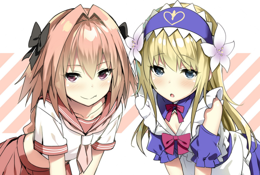2boys alternate_costume androgynous apron blonde_hair blue_eyes blush braid dress enmaided fang fate/apocrypha fate/grand_order fate_(series) hair_ribbon le_chevalier_d'eon_(fate/grand_order) long_hair looking_at_viewer maid maid_apron maid_headdress male_focus open_mouth pink_hair ribbon rider_of_black single_braid sky_(freedom) smile solo trap violet_eyes