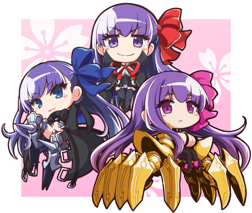 bb_(fate/extra_ccc) black_legwear blue_bow blue_eyes blush bow breasts chibi eyebrows_visible_through_hair fate/extra fate/extra_ccc fate_(series) hair_bow highres large_breasts long_hair looking_at_viewer meltlilith navel parted_lips passion_lip pink_bow purple_hair red_bow smile thigh-highs violet_eyes yuki_shiro