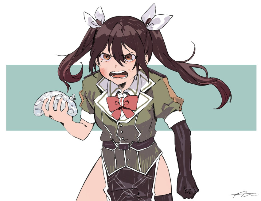 &gt;:o 10s 1girl :o blue_background bow bowtie brown_eyes brown_hair clenched_hand commentary_request cowboy_shot crying crying_with_eyes_open elbow_gloves gloves hair_ribbon highres ice_pack kantai_collection long_hair pelvic_curtain remodel_(kantai_collection) ribbon signature single_glove solo tears tone_(kantai_collection) torunadopoteto twintails two-tone_background white_background