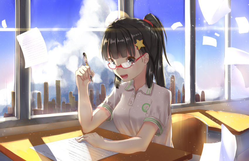 1girl :d backlighting bangs black_hair blue_sky blunt_bangs building buttons chair city classroom clouds cloudy_sky collared_shirt commentary_request day desk eyebrows_visible_through_hair fingernails glasses gradient_sky grey_eyes hair_ornament hair_tie hairclip hand_up highres holding holding_pen indoors ji_dao_ji light_rays long_hair looking_at_viewer open_mouth original paper pen ponytail red-framed_eyewear semi-rimless_glasses shiny shiny_hair shirt short_sleeves sidelocks sitting sky skyscraper smile solo star star_hair_ornament sunlight white_shirt wind window window_shade