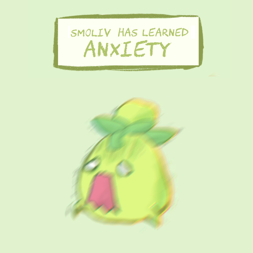 blurry green_background highres leaf looking_to_the_side nipahdubs open_mouth pokemon pokemon_(game) pokemon_sv shaking simple_background smoliv standing text_focus tongue worried