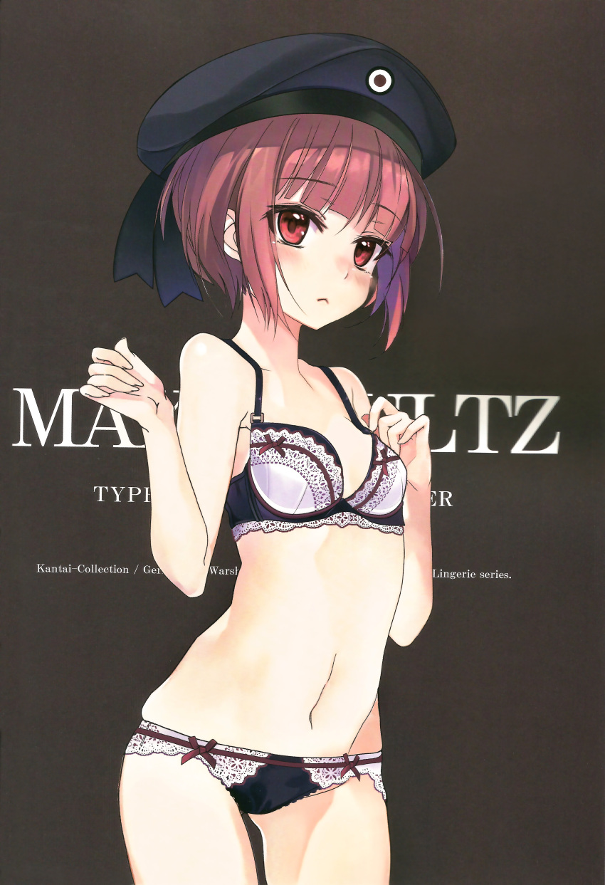 1girl :&lt; absurdres bangs blunt_bangs breasts cowboy_shot cropped eyebrows_visible_through_hair gluteal_fold hand_on_own_chest hat highres kantai_collection lace_trim navel pink_eyes pink_hair scan shirokitsune short_hair small_breasts solo underwear underwear_only z3_max_schultz_(kantai_collection)