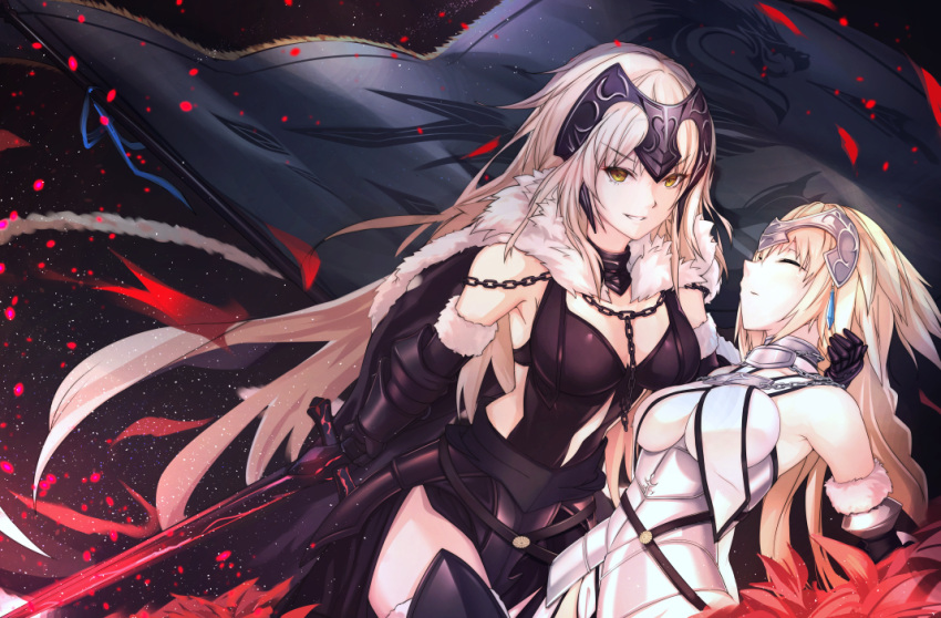 &gt;:) 2girls antiqq armor armored_dress bangs bare_shoulders blonde_hair braid breasts chains cowboy_shot dual_persona fate/grand_order fate_(series) flag gauntlets headpiece holding holding_sword holding_weapon jeanne_alter long_hair looking_at_viewer medium_breasts multiple_girls parted_lips ruler_(fate/apocrypha) sidelocks single_braid smile sword very_long_hair weapon yellow_eyes