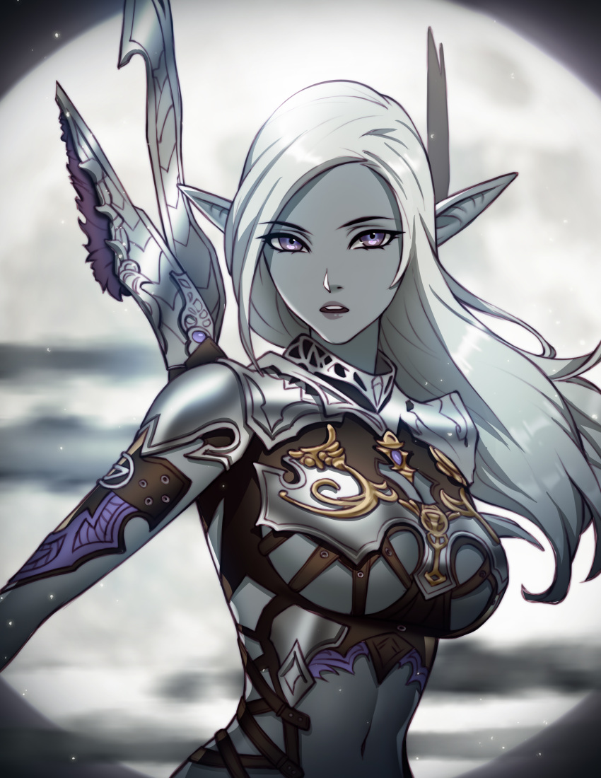 1girl absurdres armor artist_name belt blue_skin breasts clouds dark_elf elf eyebrows_visible_through_hair eyelashes gorget highres large_breasts lineage lineage_2 lips long_hair looking_at_viewer moon navel parted_lips patreon_reward pink_lady_mage pointy_ears solo under_boob violet_eyes