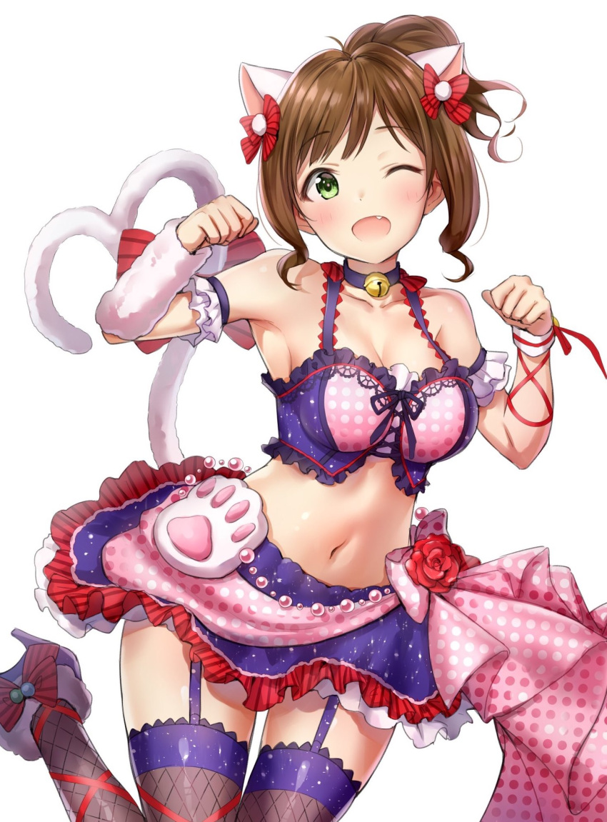 1girl ;d animal_ears arm_warmers armband armpit_peek bare_shoulders bell bell_collar bow breasts brown_hair cat_ears cat_tail cleavage clenched_hands collar eyebrows_visible_through_hair fake_animal_ears fang frilled_skirt frills garter_straps green_eyes hair_bow hands_up heart heart_tail high_heels highres idolmaster idolmaster_cinderella_girls jumping looking_at_viewer maekawa_miku medium_breasts midriff navel one_eye_closed open_mouth paw_pose ponytail red_bow short_hair simple_background single_arm_warmer skirt smile solo stomach tail takeya_y0615 thigh-highs white_background wristband