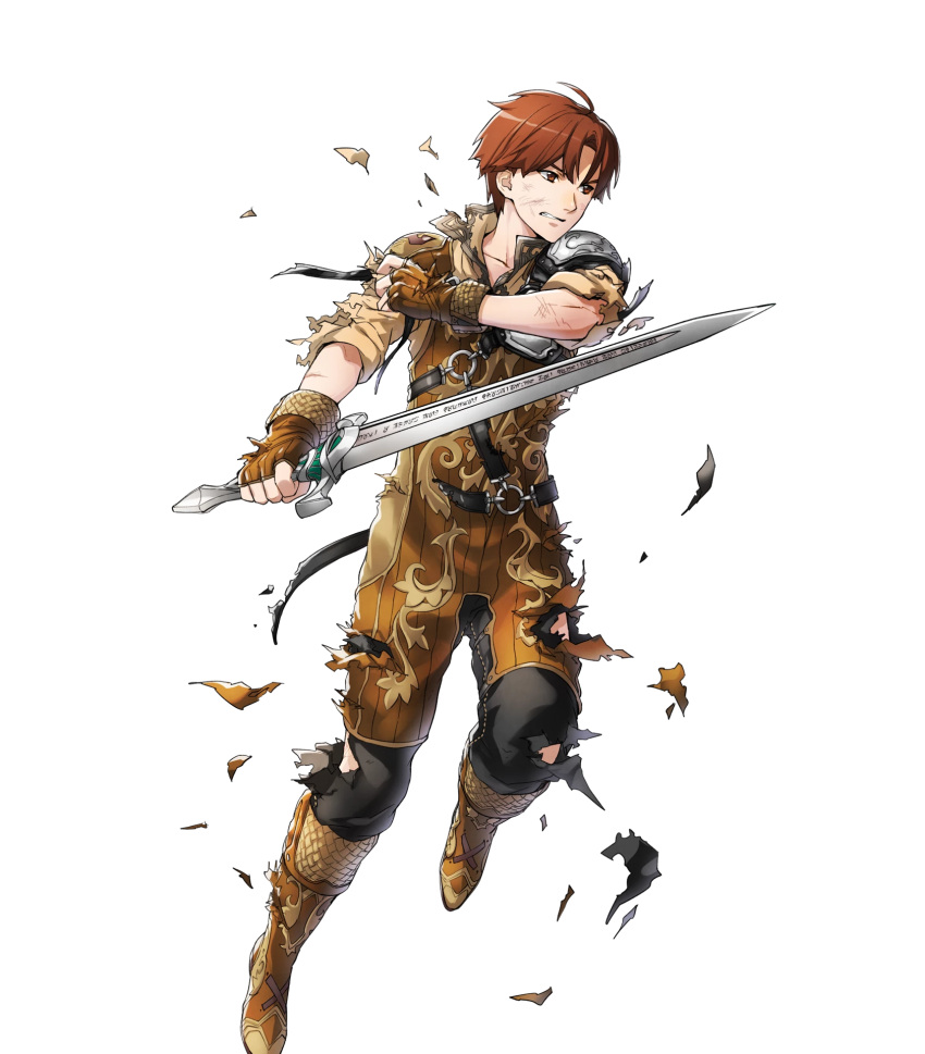 1boy boots brown_eyes brown_hair fingerless_gloves fire_emblem fire_emblem_echoes:_mou_hitori_no_eiyuuou fire_emblem_heroes full_body gloves highres injury male_focus official_art solo sword teeth tobin_(fire_emblem) torn_clothes transparent_background weapon