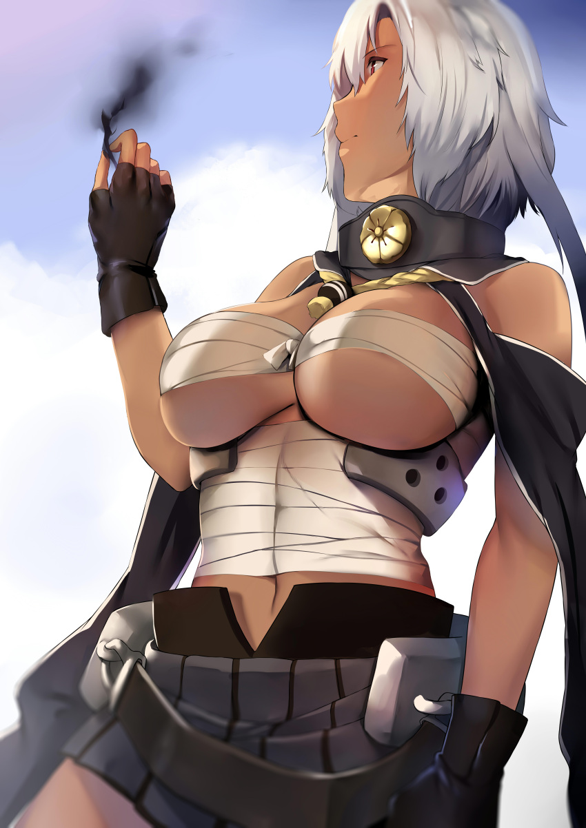 1girl absurdres arm_at_side bandage bare_shoulders black_gloves black_skirt blue_sky breasts budget_sarashi cape closed_mouth clouds cloudy_sky cowboy_shot dark_skin fingerless_gloves gloves hair_between_eyes hand_up highres kantai_collection large_breasts looking_away miniskirt musashi_(kantai_collection) navel no_glasses outdoors pleated_skirt pointy_hair red_eyes rope sarashi short_hair_with_long_locks siesta_(artist) silver_hair skirt sky smile solo standing stomach tsurime two_side_up under_boob