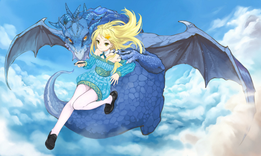 above_clouds blonde_hair blue_sky claws clouds detached_collar detached_sleeves dragon dragon_wings dress hair_blowing hair_ornament hand_on_another's_shoulder hatomugi_seika highres holding_stylus horns in_sky loafers long_hair looking_at_viewer on_animal orange_eyes outstretched_leg pantyhose pixiv pixiv-tan scales shoes shoulderless_sweater sky star star_hair_ornament stylus sweater sweater_dress talons western_dragon white_legwear wings yellow_eyes