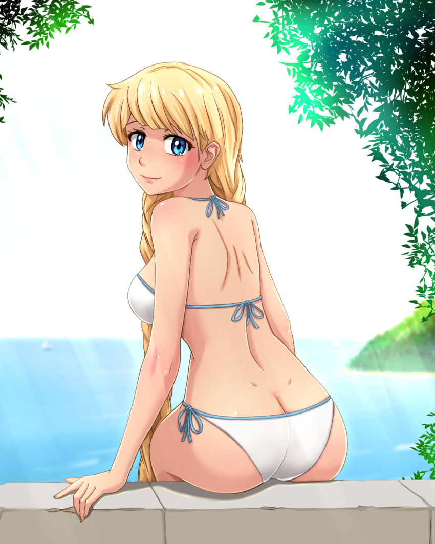 1girl ass back bikini blonde_hair blue_eyes blurry blurry_background braid butt_crack commentary day depth_of_field dimples_of_venus everlasting_summer from_behind highres huyase leaf light_smile long_hair looking_at_viewer looking_back outdoors shoulder_blades side-tie_bikini sitting slavya-chan solo sunlight swimsuit very_long_hair white_bikini