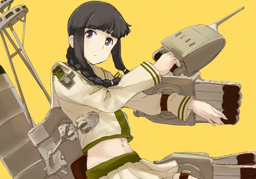 1girl bangs blunt_bangs blush braid cannon closed_mouth eyebrows_visible_through_hair hair_over_one_eye hair_tie kanadika kantai_collection kitakami_(kantai_collection) long_hair long_sleeves looking_at_viewer machinery mast midriff navel pleated_skirt remodel_(kantai_collection) rigging school_uniform serafuku sidelocks simple_background single_braid skirt smokestack solo torpedo turret upper_body violet_eyes yellow_background