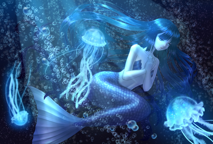 1girl bare_shoulders black_hair blue blue_eyes bubble full_body hands_on_own_chest hands_together highres jellyfish long_hair mermaid monster_girl ocean original underwater very_long_hair