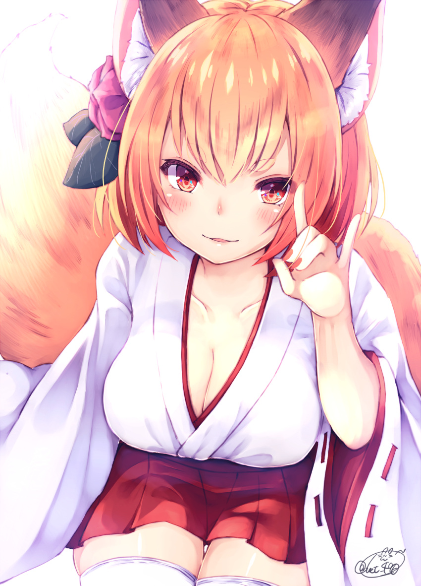 1girl animal_ears blush breasts chita_(ketchup) cleavage eyebrows_visible_through_hair fox_ears fox_girl fox_tail highres japanese_clothes large_breasts looking_at_viewer miko nail_polish original parted_lips red_nails red_skirt signature skirt smile solo tail thigh-highs white_legwear