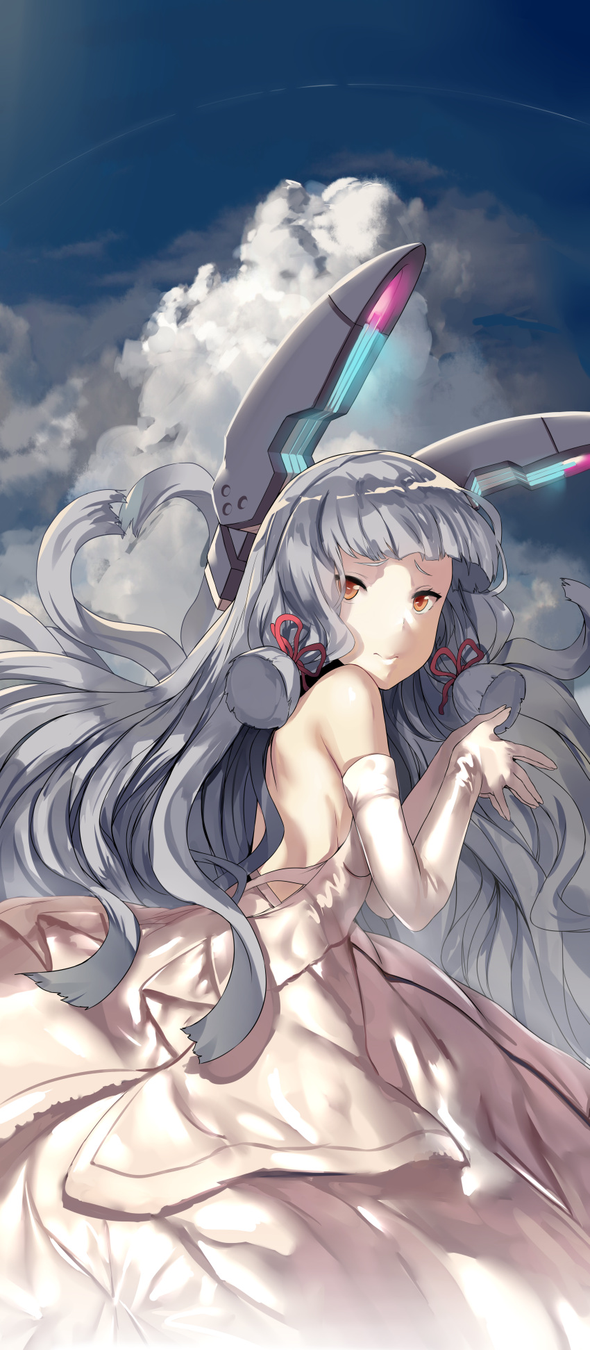 1girl absurdres anniversary artist_name bangs bare_shoulders blue_sky blunt_bangs breasts bride closed_mouth clouds cowboy_shot day dress elbow_gloves english from_side gloves hair_ribbon headgear hews_hack highres huge_filesize kantai_collection long_hair looking_to_the_side murakumo_(kantai_collection) orange_eyes own_hands_together patreon_reward red_ribbon ribbon sidelocks silver_hair sky small_breasts smile solo standing strapless strapless_dress text very_long_hair wedding_dress white_dress white_gloves