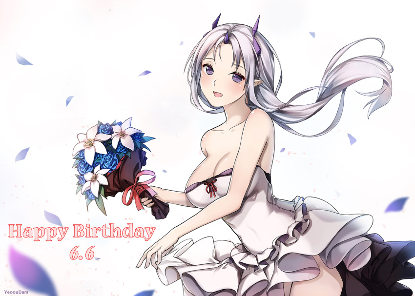 1girl artist_name bare_shoulders blush breasts cleavage closers dated dress floating_hair frilled_dress frills happy_birthday large_breasts levia_(closers) long_hair looking_at_viewer no_bra open_mouth pointy_ears silver_hair solo strapless strapless_dress violet_eyes wedding_dress wind yeoohdam