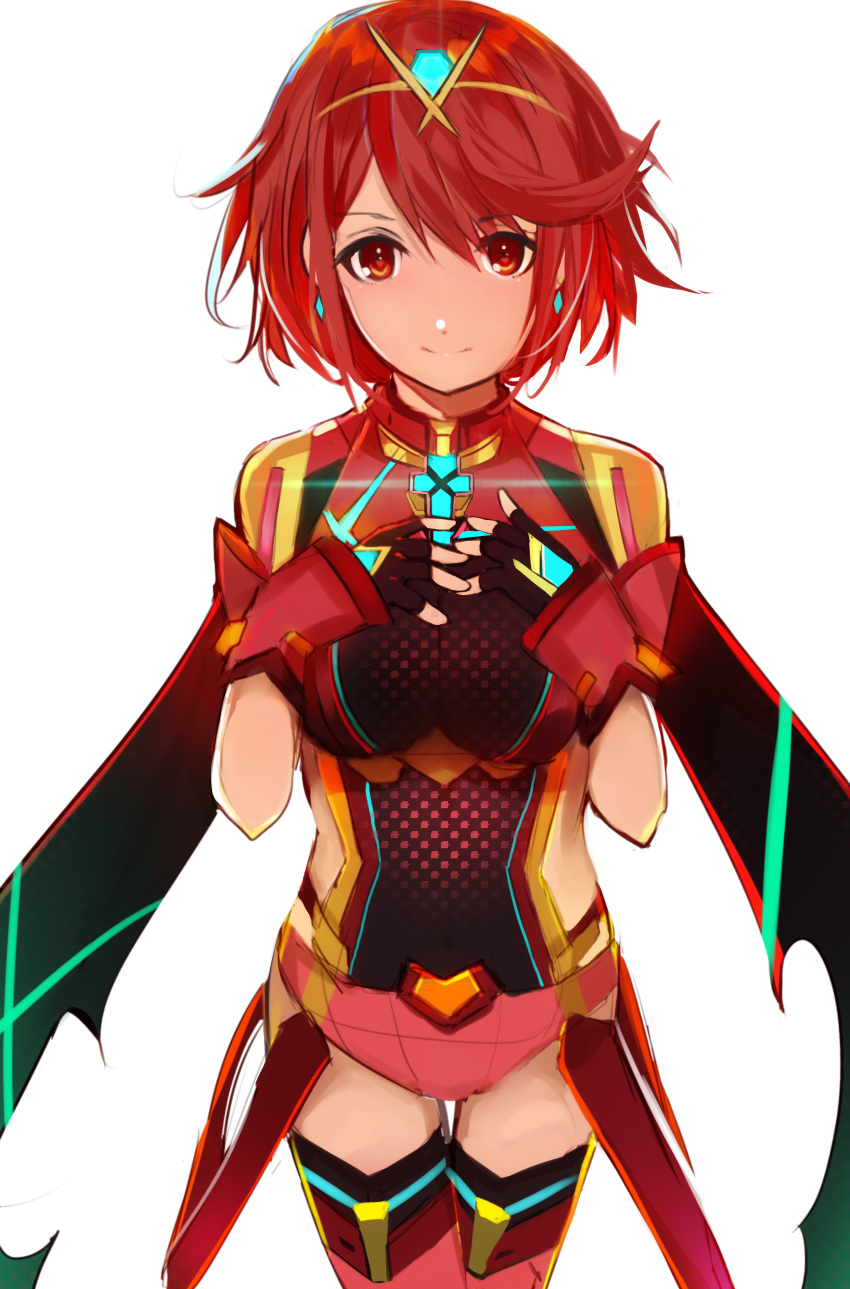 1girl absurdres black_gloves blush breasts eyebrows_visible_through_hair fingerless_gloves gloves highres pyra_(xenoblade) large_breasts looking_at_viewer red_eyes redhead short_hair smile solo tarbo_(exxxpiation) xenoblade xenoblade_2