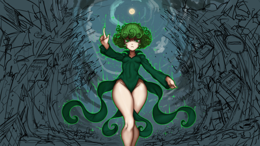 1girl angry breasts covered_navel curly_hair green_eyes green_hair highres hips looking_at_viewer moon one-punch_man short_hair small_breasts solo tatsumaki the_golden_smurf thick_thighs thighs