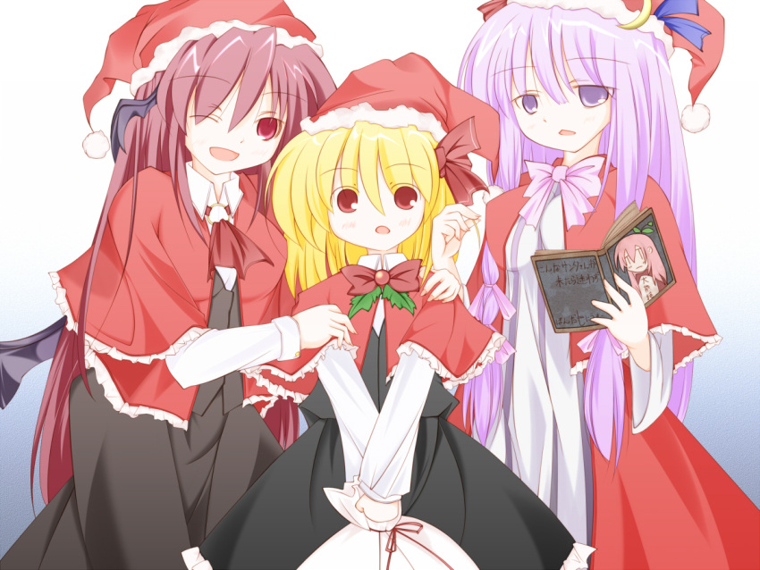 3girls :o ;d alternate_costume alternate_headwear ascot atapon bat_wings blonde_hair blush book bow cameo christmas commentary_request cowboy_shot crescent crescent_moon_pin dress expressionless eyebrows_visible_through_hair hair_bow hand_on_another's_shoulder hat head_wings holding holding_book koakuma long_hair long_sleeves looking_at_another looking_at_viewer low_wings mistletoe multiple_girls one_eye_closed open_book open_mouth patchouli_knowledge purple_hair red_eyes redhead rumia sack santa_costume santa_hat short_hair simple_background skirt skirt_set smile striped striped_dress touhou translation_request v_arms vertical_stripes very_long_hair vest violet_eyes white_background wings