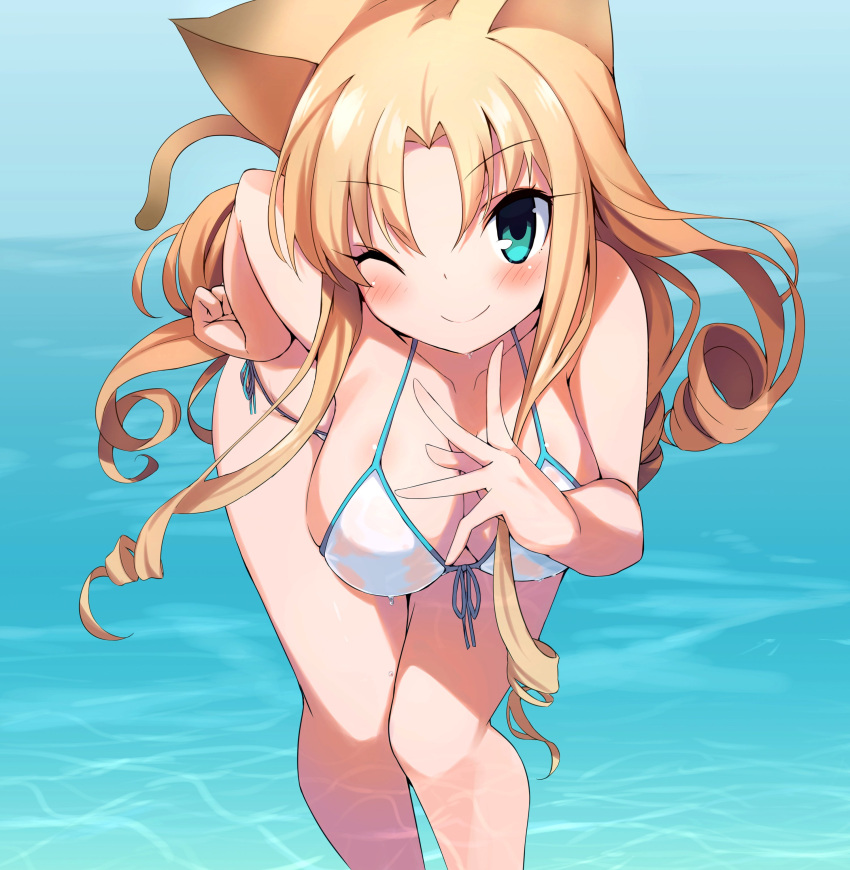 1girl ;) absurdres animal_ears aqua_eyes armadillon bent_over bikini blonde_hair blush breasts closed_mouth collarbone copyright_request day eyebrows_visible_through_hair front-tie_bikini front-tie_top hand_on_hip highres large_breasts looking_at_viewer one_eye_closed outdoors see-through side-tie_bikini sidelocks smile solo swimsuit wading wet wet_clothes wet_swimsuit white_bikini