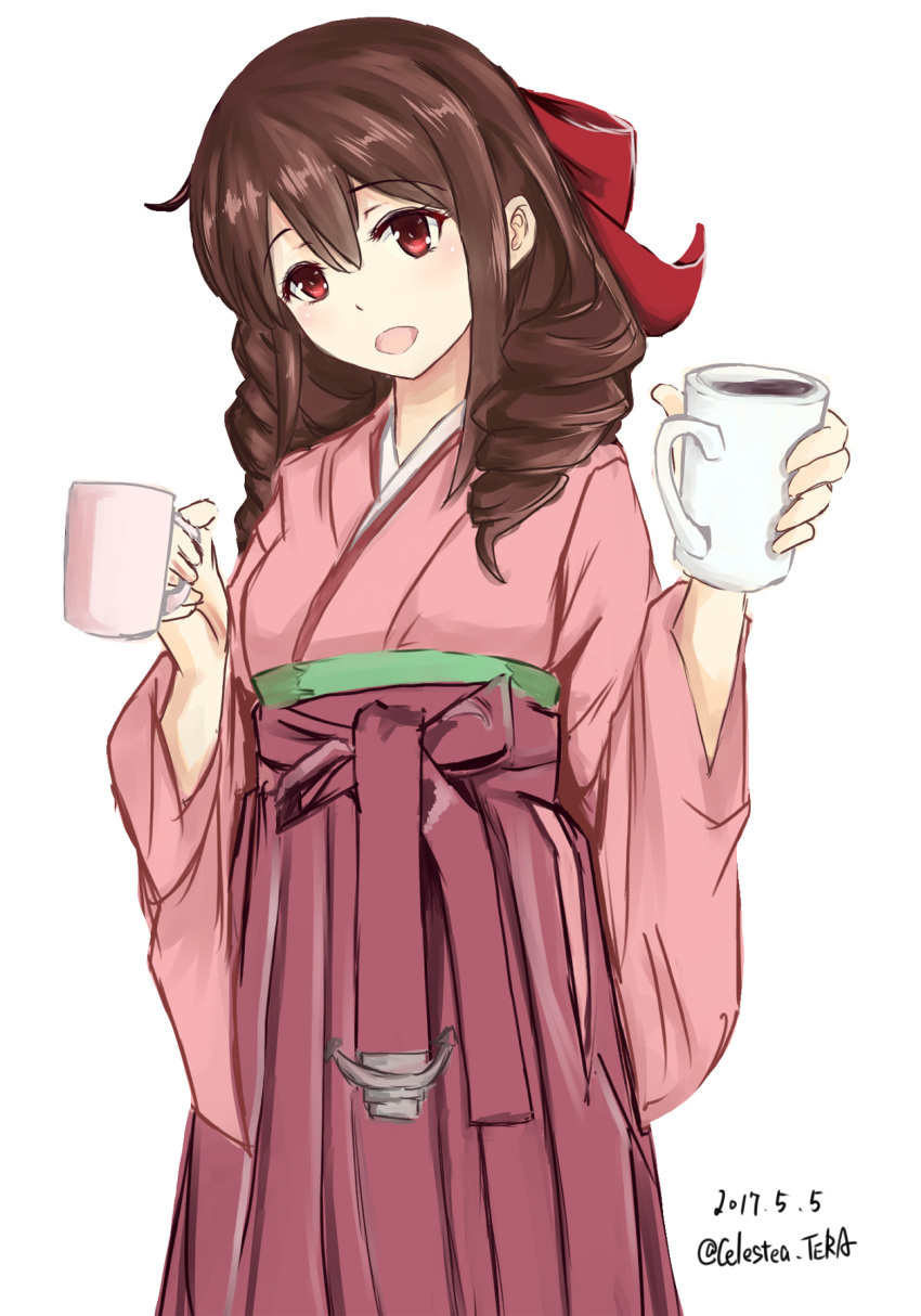 1girl 2017 anchor bow brown_hair celestea_tera cowboy_shot cup dated drill_hair hair_bow hakama harukaze_(kantai_collection) highres japanese_clothes kantai_collection kimono long_hair meiji_schoolgirl_uniform mug pink_kimono red_bow red_eyes red_hakama simple_background solo twin_drills twitter_username white_background