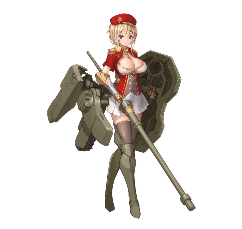 &gt;:) 1girl beret between_breasts bikini_top blonde_hair boots breasts brown_legwear epaulettes gauntlets hat highres lance large_breasts looking_at_viewer mecha_musume military_jacket necktie necktie_between_breasts panzer_maiden pleated_skirt polearm shield short_hair skirt smile smirk solo standing stmaster tachi-e thigh-highs violet_eyes weapon white_background white_skirt