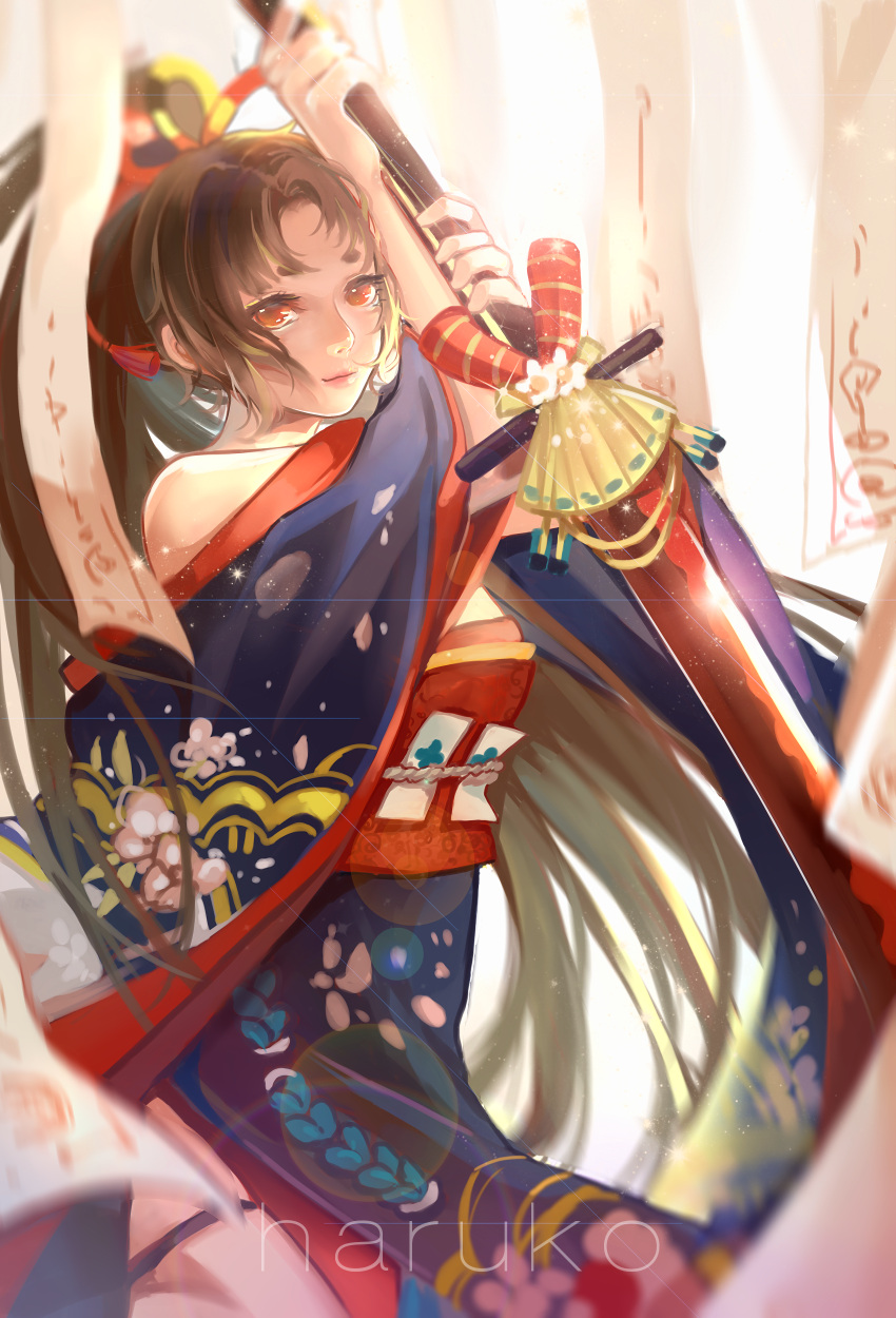 1girl absurdres artist_name brown_hair floral_print glint haruko_(china) highres katana ofuda onmyoji ponytail red_eyes solo standing sword weapon yaodao_ji