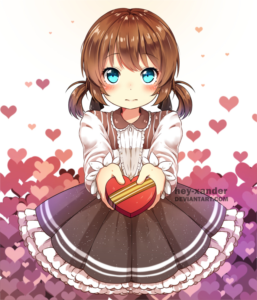 1girl blue_eyes blush brown_hair deviantart_username eyebrows_visible_through_hair gift heart hey_xander highres holding holding_gift looking_at_viewer original ribbon short_hair short_twintails solo twintails watermark web_address yellow_ribbon