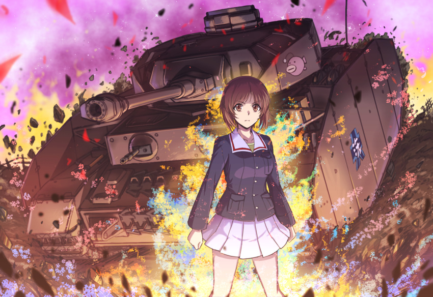 1girl anglerfish aura bangs blue_jacket blurry brown_eyes brown_hair closed_mouth commentary_request cowboy_shot debris depth_of_field emblem girls_und_panzer green_shirt ground_vehicle jacket kyata light_frown long_sleeves looking_at_viewer military military_uniform military_vehicle miniskirt motor_vehicle nishizumi_miho ooarai_military_uniform panzerkampfwagen_iv pleated_skirt shirt short_hair skirt solo standing tank uniform white_skirt