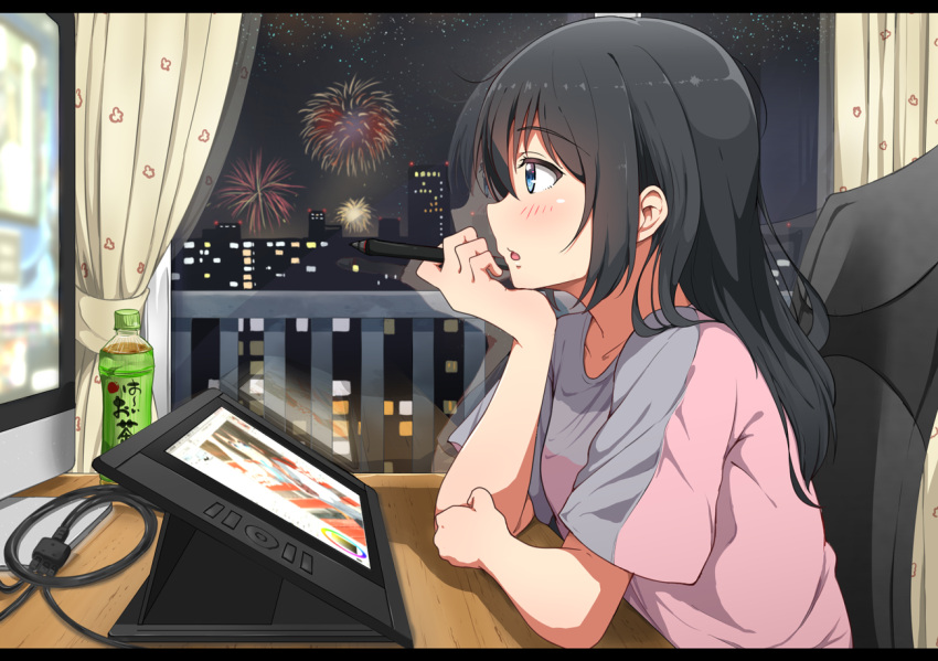 1girl black_hair blue_eyes blush bottle chair desk eyebrows_visible_through_hair fireworks from_side indoors kei_(0497) long_hair looking_away monitor night night_sky original parted_lips short_sleeves sitting sky solo star_(sky) starry_sky stylus tablet window