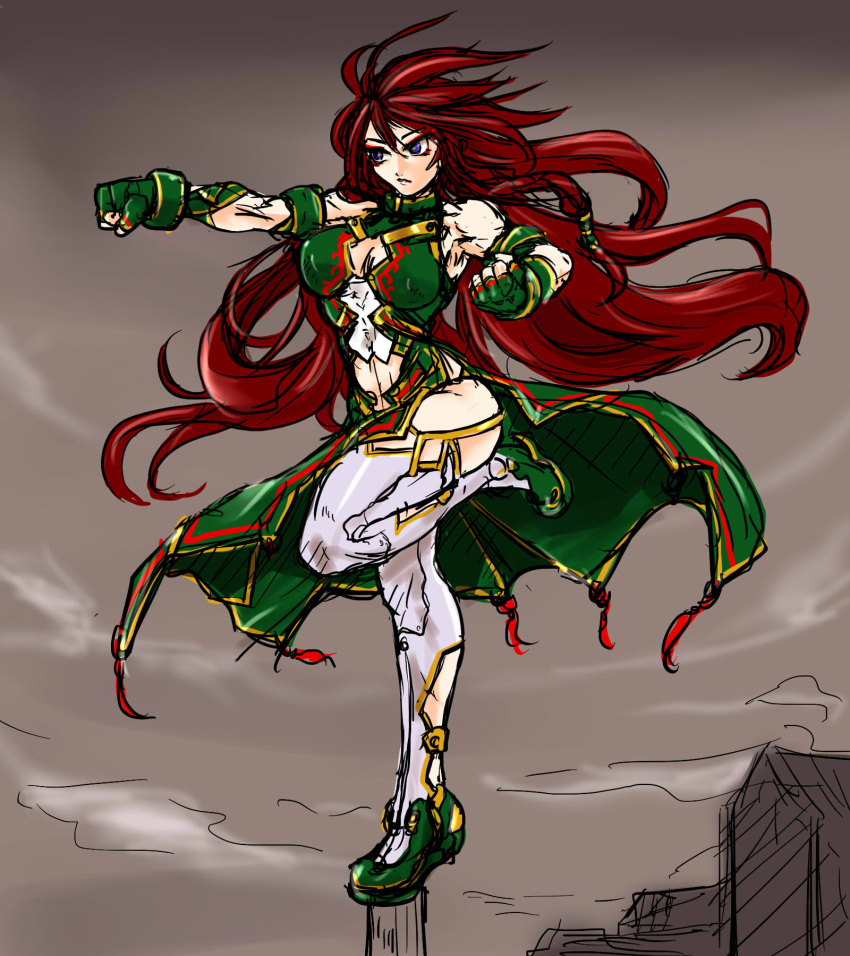 1girl alternate_costume arm_strap bangs blue_eyes breasts cleavage clenched_hands clouds commentary_request dress eyeshadow fingerless_gloves garter_straps gloves green_dress green_gloves green_shoes grey_sky hair_between_eyes hair_tubes highres hips hong_meiling ledjoker07 leg_up long_hair looking_afar makeup mascara medium_breasts muscle muscular_female punching redhead revealing_clothes shoes side_slit sketch solo standing standing_on_one_leg stomach thigh-highs thighs touhou training very_long_hair white_legwear wind