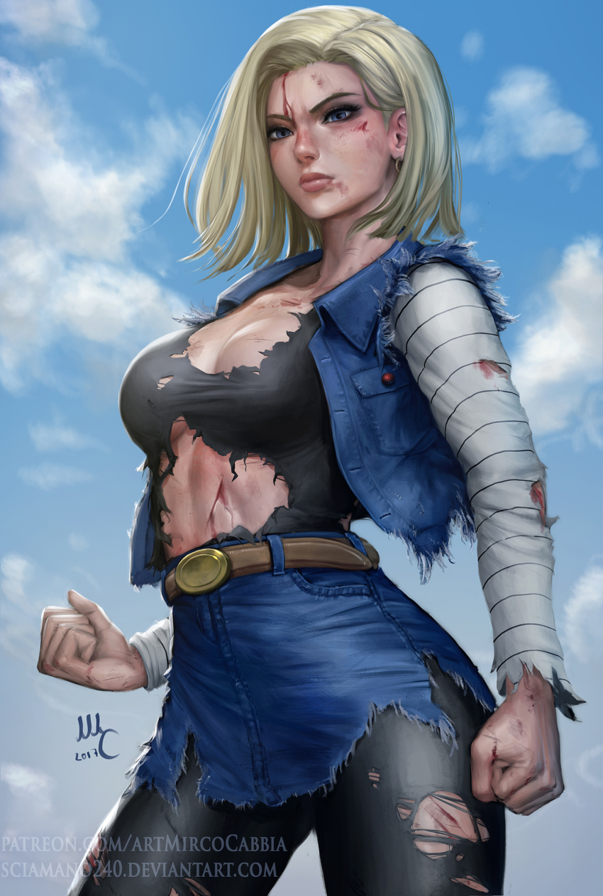 1girl android_18 belt belt_buckle black_legwear blonde_hair blood blood_on_face blue_eyes breasts buckle buttons cleavage clenched_hands closed_mouth clouds cowboy_shot cuts denim denim_jacket denim_skirt dragon_ball dragonball_z earrings highres injury jewelry looking_afar mirco_cabbia open_clothes outdoors pants patreon_reward pocket shirt short_hair signature skirt sky solo torn_clothes torn_pants torn_shirt watermark web_address