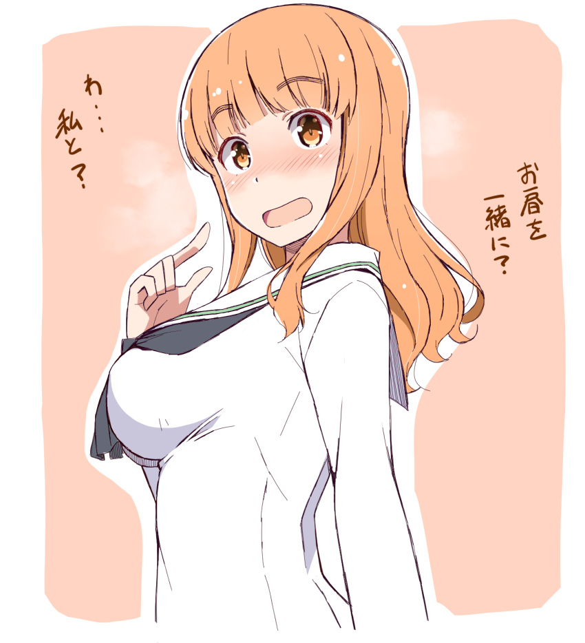 1girl astroguy2 bangs black_neckerchief blouse blunt_bangs blush breasts from_side girls_und_panzer highres large_breasts long_hair long_sleeves looking_at_viewer neckerchief ooarai_school_uniform open_mouth orange_eyes orange_hair pink_background pointing pointing_at_self school_uniform serafuku solo standing takebe_saori translated upper_body white_blouse