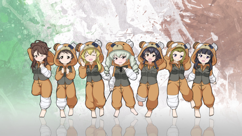 6+girls adapted_uniform anchovy animal_costume anzio_military_uniform arm_behind_head arms_behind_head bangs barefoot bear_costume black_hair black_necktie blonde_hair blunt_bangs blush boko_(girls_und_panzer) braid brown_eyes brown_hair carpaccio cast closed_eyes closed_mouth commentary_request drill_hair eyepatch flag_background girls_und_panzer glasses green_hair green_jacket hair_up highres holding italian_flag jacket long_hair looking_at_viewer military military_uniform multiple_girls necktie open_mouth orc_peon_7503 pajamas parted_lips pepperoni_(girls_und_panzer) red_eyes reflection riding_crop round_glasses short_hair side_braid siko_(girls_und_panzer) smile standing standing_on_one_leg twin_drills twintails uniform waving