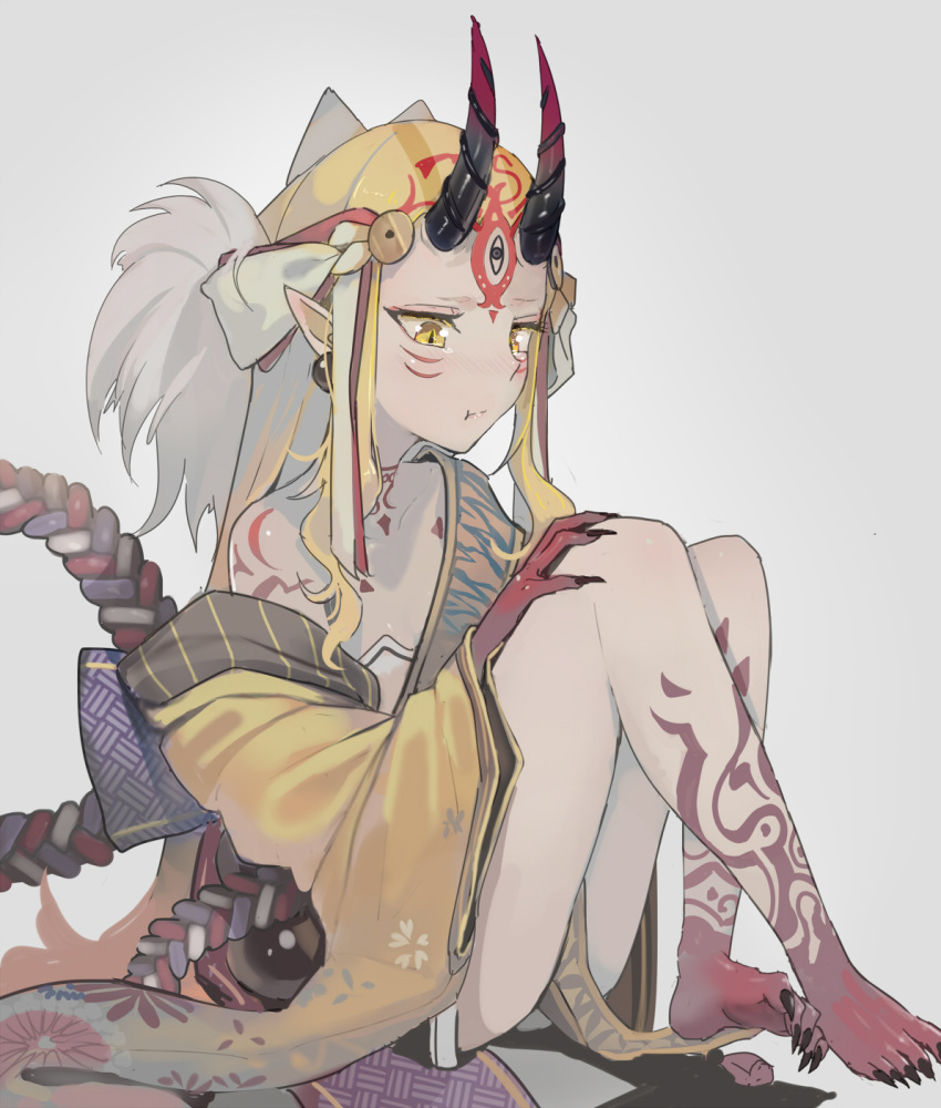 1girl blonde_hair blush fang fate/grand_order fate_(series) forehead_tattoo highres ibaraki_douji_(fate/grand_order) japanese_clothes kimono knees_up long_sleeves looking_down off_shoulder oni_horns open_clothes open_kimono pointy_ears pout sharp_toenails sitting tattoo tearing_up tears toenails walzrj wide_sleeves yellow_eyes yellow_kimono