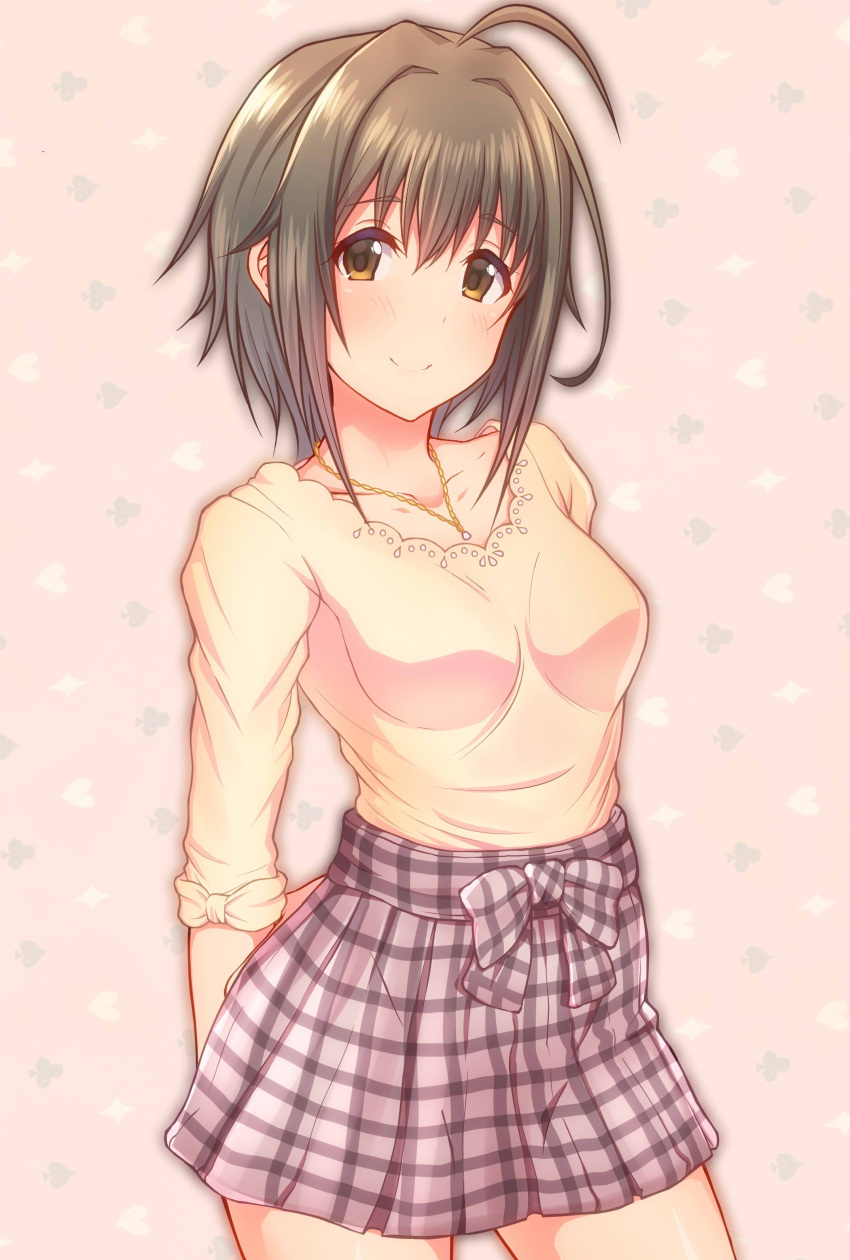 1girl absurdres ahoge arms_behind_back bangs black_hair blush bow breasts brown_eyes collarbone commentary_request highres idolmaster idolmaster_cinderella_girls jewelry keffiy kohinata_miho looking_at_viewer looking_to_the_side necklace plaid plaid_skirt purple_skirt shirt short_hair skirt sleeves_rolled_up small_breasts smile solo yellow_shirt