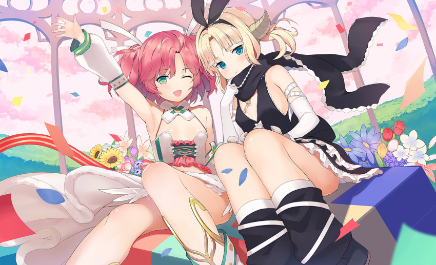 2girls bare_shoulders blonde_hair blue_eyes blush character_request collarbone eyebrows_visible_through_hair flower green_eyes horn looking_at_viewer multiple_girls nanotaro one_eye_closed open_mouth pink_hair short_hair short_twintails sitting smile sunflower twintails umuru_(wixoss) wixoss