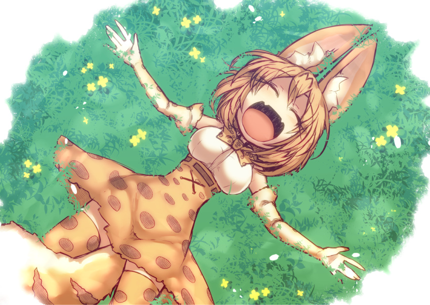 1girl animal_ears between_legs blonde_hair bow bowtie breasts closed_eyes commentary_request elbow_gloves fangs flower gloves grass high-waist_skirt kemono_friends kuresento large_breasts lying on_back on_ground open_mouth outstretched_arms serval_(kemono_friends) serval_ears serval_print serval_tail shirt short_hair skirt sleeveless sleeveless_shirt smile solo spread_arms tail tail_between_legs thigh-highs