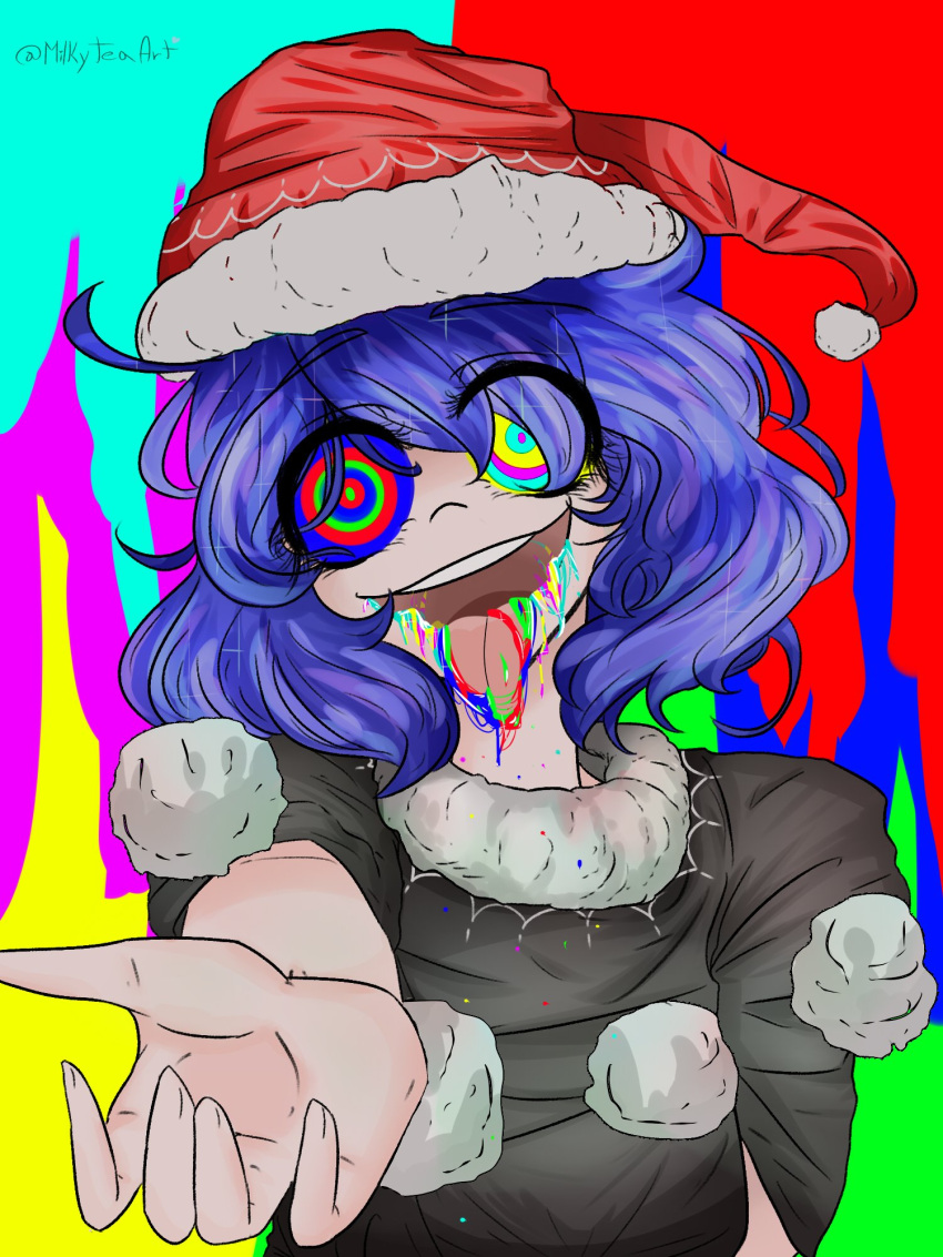 :d :p black_clothes blue_hair doremy_sweet drugs hat highres milkyteaart multicolored multicolored_background multicolored_eyes open_mouth red_hat smile tongue tongue_out