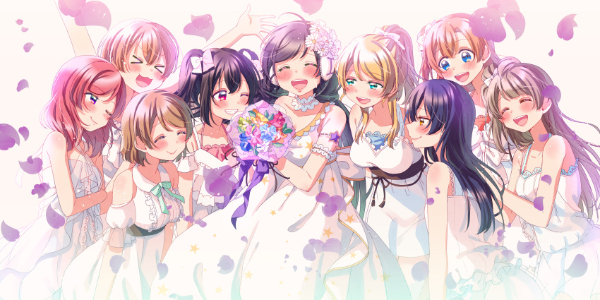 &gt;_&lt; 6+girls :3 :d absurdres ayase_eli black_hair blonde_hair blue_eyes blush bouquet breasts brown_hair closed_eyes dress flower grin hair_flower hair_ornament hair_ribbon highres hina_(hinalovesugita) holding holding_bouquet hoshizora_rin koizumi_hanayo kousaka_honoka leaning_in long_hair love_live! love_live!_school_idol_project medium_breasts minami_kotori multiple_girls nishikino_maki one_eye_closed open_mouth orange_hair outstretched_arms petals ponytail purple_hair red_eyes redhead ribbon short_hair small_breasts smile sonoda_umi toujou_nozomi twintails violet_eyes wedding_dress white_dress yazawa_nico yellow_eyes