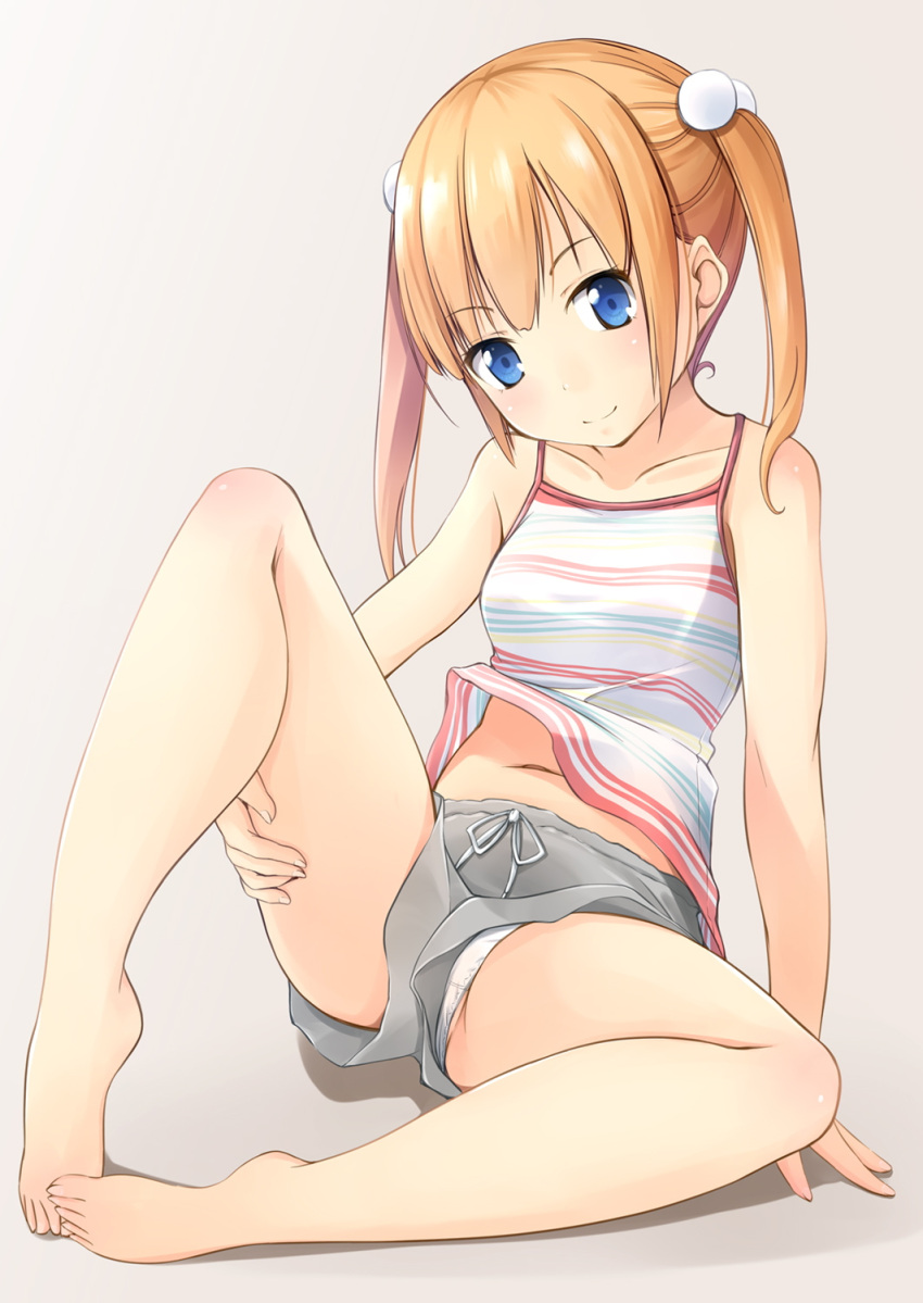 1girl bangs bare_legs bare_shoulders barefoot beige_background blonde_hair blue_eyes blush breasts closed_mouth collarbone commentary_request eyebrows_visible_through_hair feet feet_together full_body grey_shorts hair_bobbles hair_ornament hand_on_own_leg highres horizontal-striped_shirt horizontal_stripes knee_up knees_apart_feet_together long_hair looking_at_viewer midriff_peek navel original panties pantyshot pantyshot_(sitting) shadow shibacha_(shibacha_0728) shirt short_shorts shorts sidelocks simple_background sitting sleeveless sleeveless_shirt small_breasts smile solo spread_legs striped tank_top toes twintails underwear white_panties white_shirt