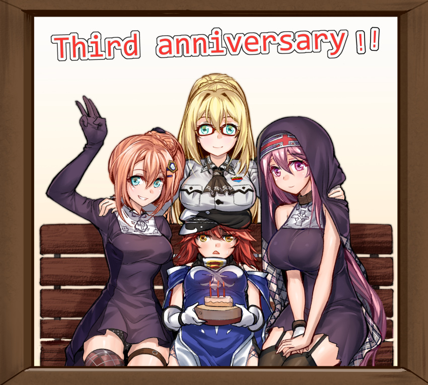 4girls absurdres anniversary bare_shoulders bearn_(zhan_jian_shao_nyu) bench black_legwear black_panties blonde_hair blue_eyes braid breast_rest breasts breasts_on_head cake closed_mouth collar cross dress emden_(zhan_jian_shao_nyu) exeter_(zhan_jian_shao_nyu) food garter_straps glasses graphite_(medium) green_eyes grin habit hair_between_eyes hair_ornament hand_on_another's_shoulder hat highres large_breasts long_hair looking_at_viewer medium_breasts military military_uniform multiple_girls onceskylark open_mouth orange_hair panties pantyshot pantyshot_(sitting) polka_dot polka_dot_panties ponytail purple_hair red-framed_eyewear redhead short_dress side_ponytail single_thighhigh sitting smile sweatdrop thigh-highs thigh_strap traditional_media triangle_mouth underwear uniform union_jack v_arms very_long_hair violet_eyes yellow_eyes york_(zhan_jian_shao_nyu) zhan_jian_shao_nyu